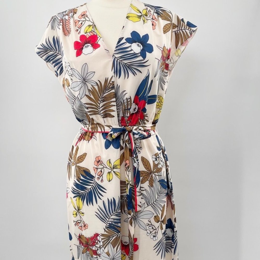 BASIC MODEL Womens Cream Floral Belted Maxi Boho Chic Dress  Size Large L